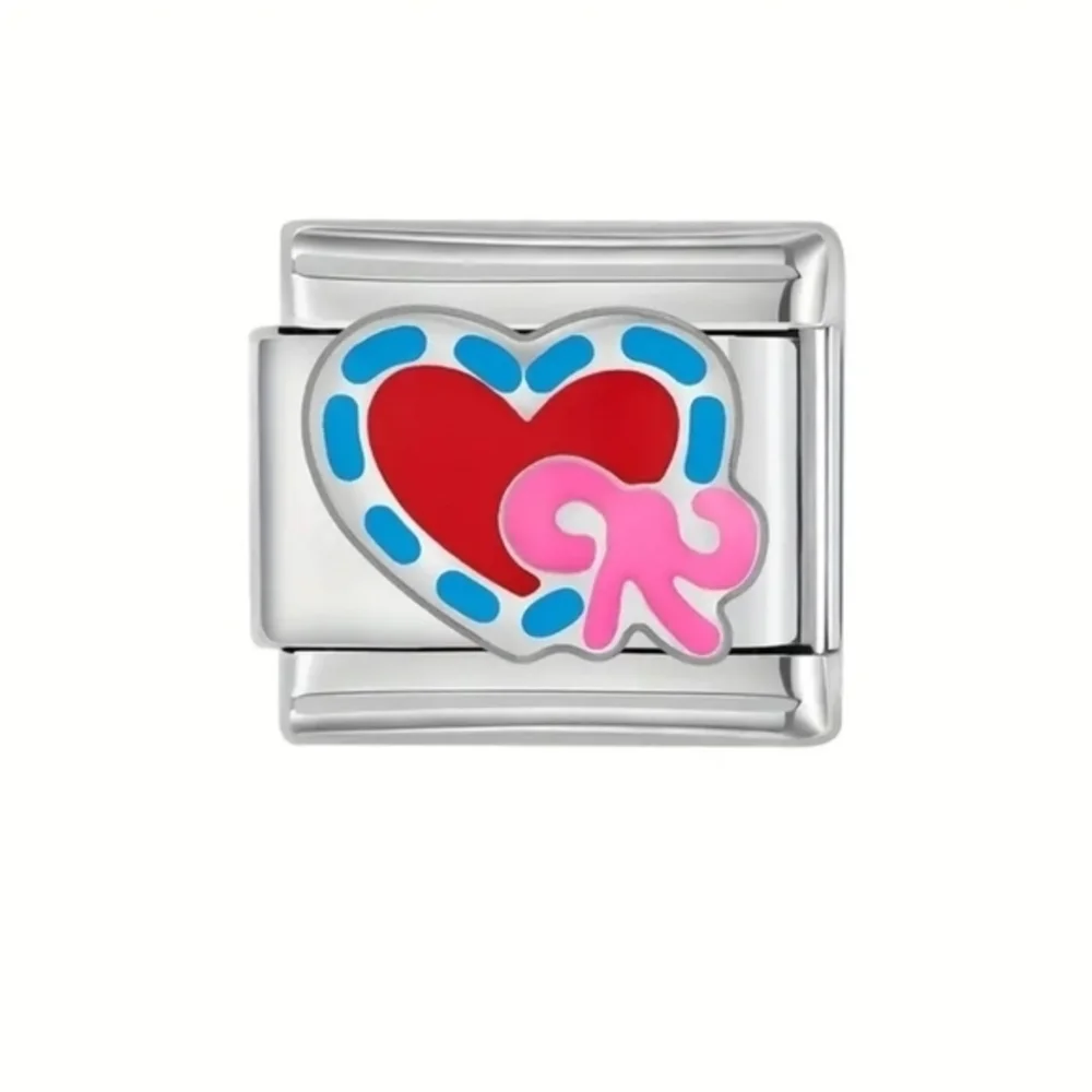 Italian Charmlink ❤️ Heart with Pink Bow‎ for Charm Bracelet 9mm